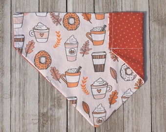 Pumpkin Spice Latte Reversible Dog Bandana, over the collar, fall, donuts, leaves, autumn, PSL dog bandana, fall dog bandana