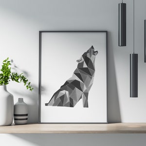 Der Mitternachtswolf Fine Art Print, Kunst Wand Poster Dekor, Wildtiere, Wald, Waldtier, abstrakt, geometrisch, Geburtstagsgeschenk für ihn ihr