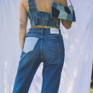 denim patchwork one shoulder image 3