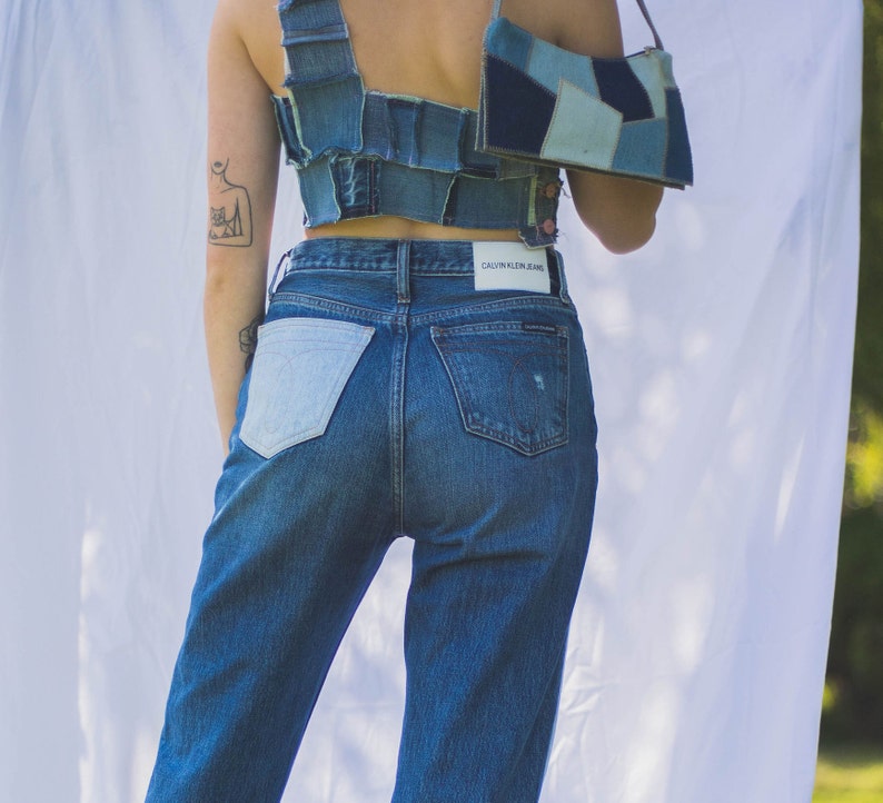 denim patchwork one shoulder image 3