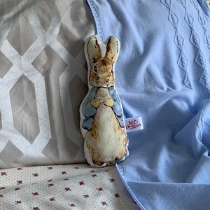 May include: A blue and white Peter Rabbit baby blanket with a Peter Rabbit plush toy. The blanket has a white embroidered Peter Rabbit on one corner and the text "M.C. Dragons" on the other corner.