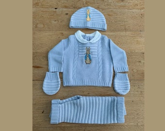 Peter Rabbit - Embroidered -Baby 4 pcs Knitted Deluxe Box set- Blue and White stripe Jumper, trousers and hat & mittens  sizes NB, 0-3 ,3-6m