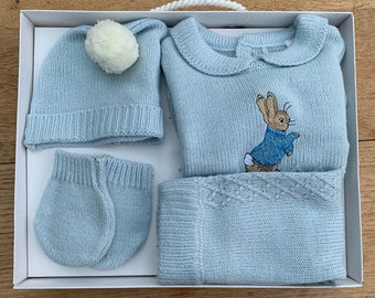 Peter Rabbit - Embroidered -Baby 4 pcs Knitted Deluxe Box set in Sky blue + white Jumper, trousers, hat + mittens  sizes NB, 0-3 ,3-6m
