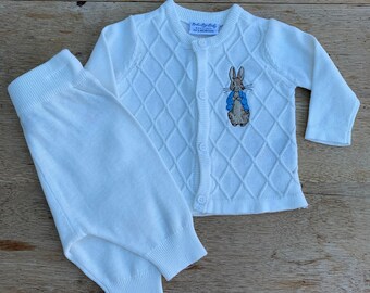 Peter Rabbit -Flopsy Rabbit- Embroidered -Baby 2 pcs Knitted set- cardigan and trousers and - Ivory - 0-3 to 6-9 months