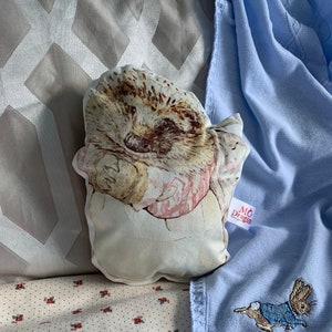 May include: A light blue baby blanket with a white embroidered Peter Rabbit design. The blanket is made by MC Dragon Designs. A hedgehog plush toy is sitting on a patterned fabric.