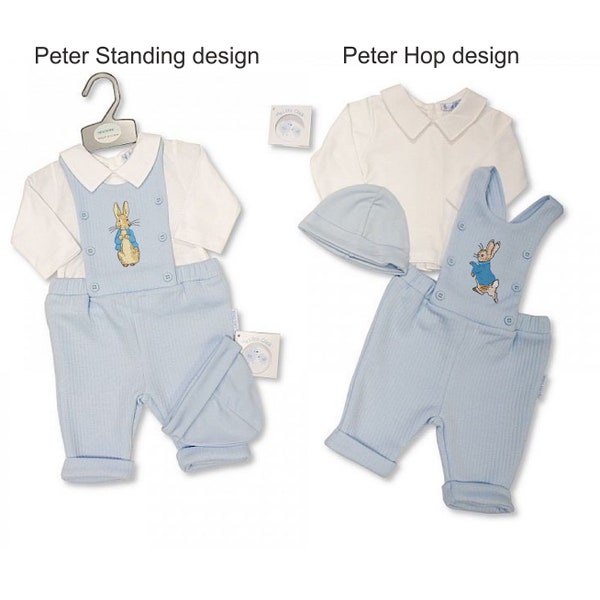 Embroidered Hoppy Peter Rabbit -Baby Boys 3 pcs Bib Dungaree Set with Bows and FREE hat