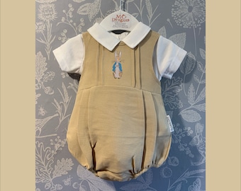Embroidered Peter Rabbit -Baby Boys 2 pcs short romper set in Taupe with a white shirt -  NB - 3-6 months