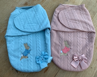 Baby Swaddle blanket | Sleep wrap blanket | Peter Rabbit Embroidery | Rose pink or Baby Blue | Baby Shower | Gift | Newborn to 3 months