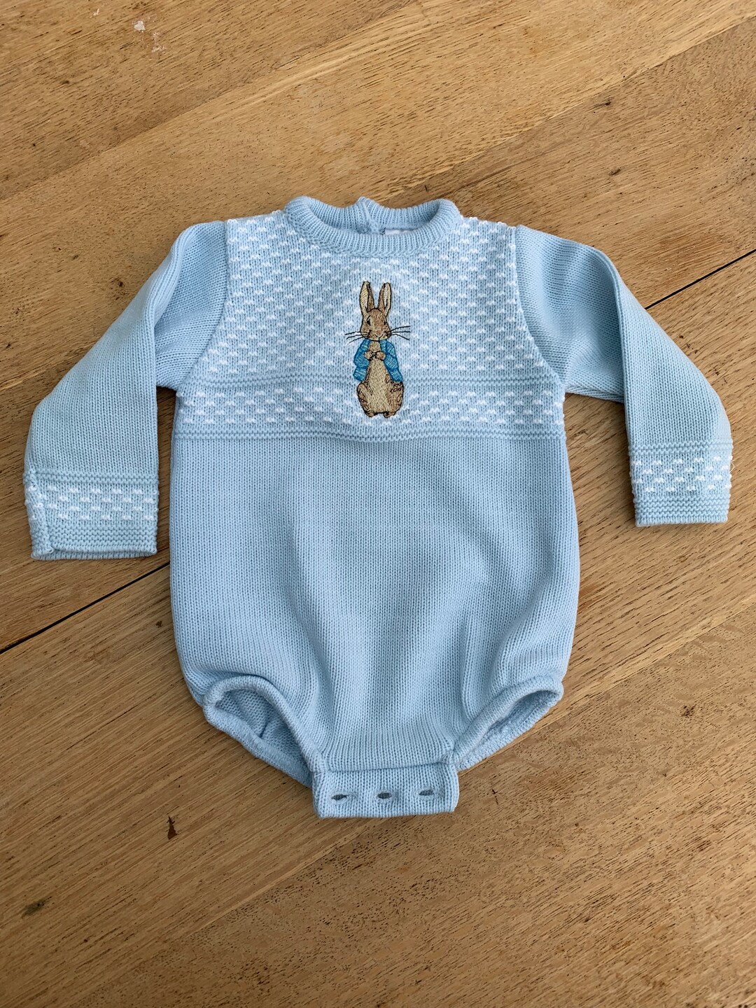 Embroidered Peter Rabbit Baby Boys Blue Speckled Knitted Romper Long