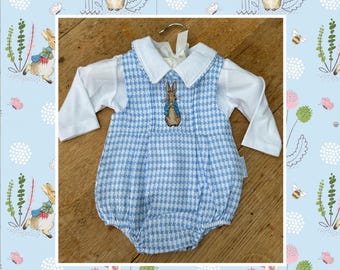 Embroidered Peter Rabbit -Baby unisex 2 pcs short romper set in blue & white with white shirt -  NB - 3-6 months