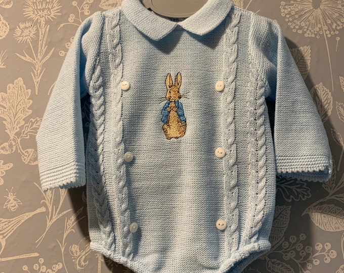 Embroidered Peter Rabbit Baby Boys Knitted Romper Long Sleeve Blue New