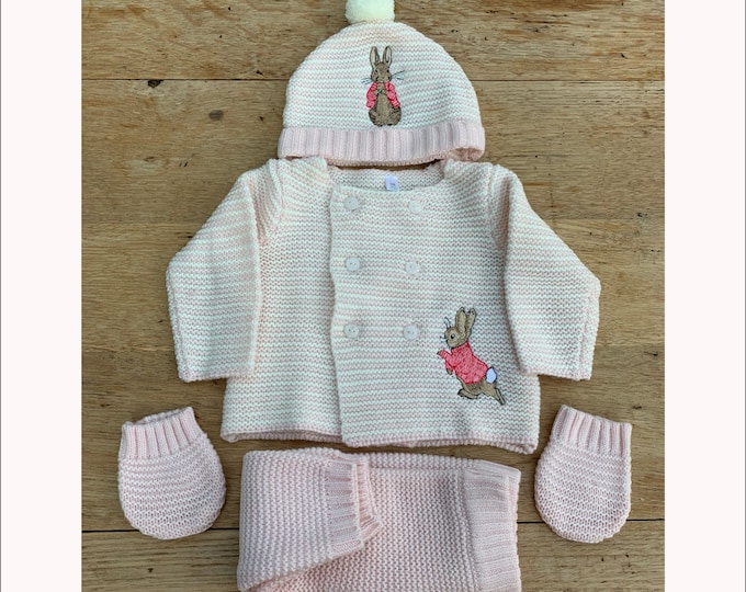 Featured listing image: Peter Rabbit - Embroidered -Baby 4 pcs Knitted Deluxe Box set- Pink and white cardigan, trousers and hat & mittens  sizes Newborn, 0-3 ,3-6m