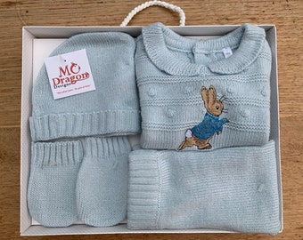 Hoppy Peter Rabbit - Embroidered -Baby 4 pcs Knitted Deluxe Box set in Sky blue jumper, trousers, hat + mittens  sizes NB, 0-3 ,3-6m