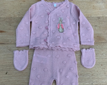 Embroidered Peter rabbit Dusty Pink Bobble Knitted Layette 4 piece Set - sizes NB-6M