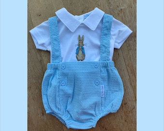 Embroidered Peter Rabbit -Baby Boys 2 pcs short romper Dungaree Set outfit NB - 3-6 months