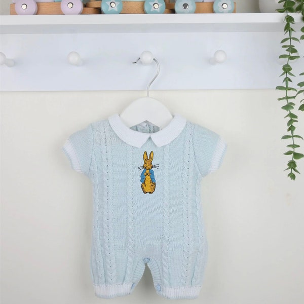 Embroidered Peter Rabbit | Baby Boys Knitted Romper Suit | Short sleeve | Blue Cable | Peter Pan Collar | Easter outfit | 6-24 months