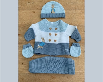 Peter Rabbit - Embroidered -Baby 4 pcs Knitted Deluxe Box set- Denim, Sky + white cardigan, trousers, hat + mittens  sizes NB, 0-3 ,3-6m