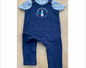 Peter Rabbit rainbows and showers - Dungarees -Embroidered - 2 piece set - Navy blue Dungarees - Grey t-shirt - organic Cotton