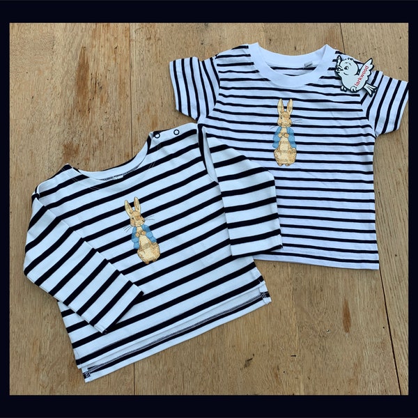 Embroidered Peter Rabbit long sleeve Navy stripe T-Shirt- Long & short sleeve - Baby Toddler