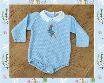 Embroidered Peter Rabbit | Baby Boys Knitted Romper | Long sleeve | 2 embroidery designs | New Baby | Baby shower |