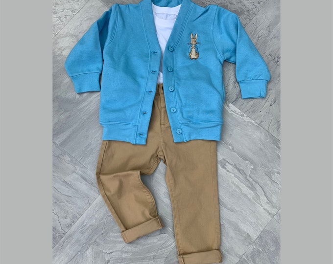 Featured listing image: Embroidered Peter Rabbit - Toddler- Infant - Sky Blue - sweatshirt cardigan - Blue jacket - Easter outfit.