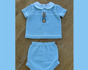 NEW Embroidered Peter Rabbit | Baby Boys 2 piece Knitted jumper & shorts set| Short sleeve | Blue | New Baby | Baby shower | Easter outfit