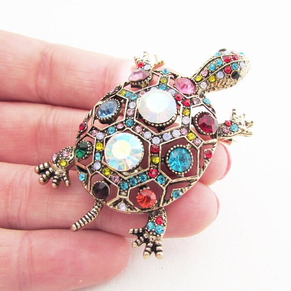 Turtle Brooch, Crystal Turtle Design Brooch, Multi Coloured Rhinestone Tortoise, Turtle Jewellery Brooch Pin, Sealife Turtle Jewellery Gift