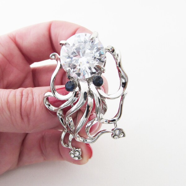 Octopus Brooch, Silver Crystal Sealife Brooch, Octopus Jewellery, Octopus Gift, Octopus Present Idea, Sparkly Octopus Pin for Coat