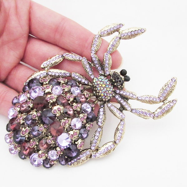 Giant Purple Crystal Spider Brooch, Spider Brooch Pin, Large Rhinestone Spider Jewellery Brooch, Spider Insect Brooch