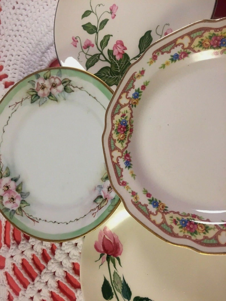 4 Vintage Mismatched China Dessert Plates Wedding Shower Pinks Greens tea party plates mad hatter china bridal shower # 131
