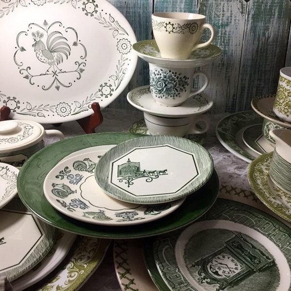 Vintage Mismatched China Transferware 6 place settings 33 piece Dinnerware Set Green White Transferware Currier Ives Royal Scio #695