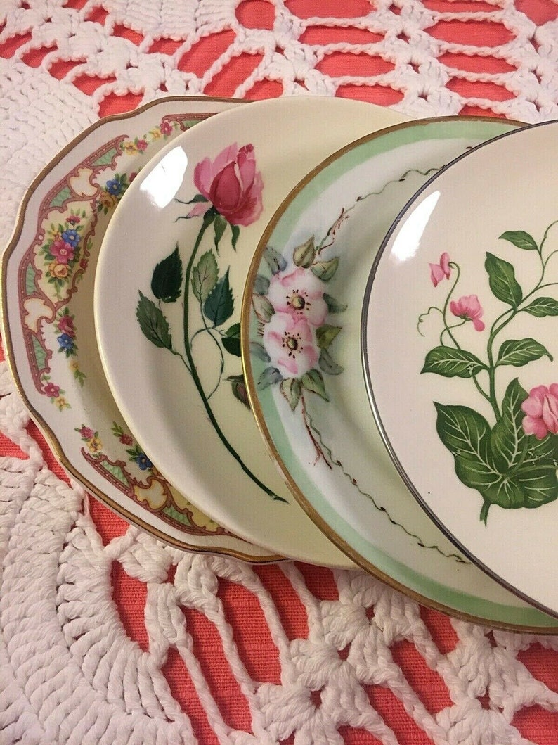4 Vintage Mismatched China Dessert Plates Wedding Shower Pinks Greens tea party plates mad hatter china bridal shower # 131