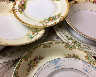 Vintage Mismatched China 8 place settings Dinner Plates Multi Color Wedding Shabby Chic Farmhouse China Dinnerware Mix and Match Plates #641