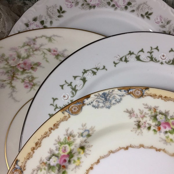 Vintage Mismatched China Dinner Plates, Green Blue Boho Rustic Gypsy Wedding Shabby Chic Farmhouse Dinnerware Mix Match Plates #754t