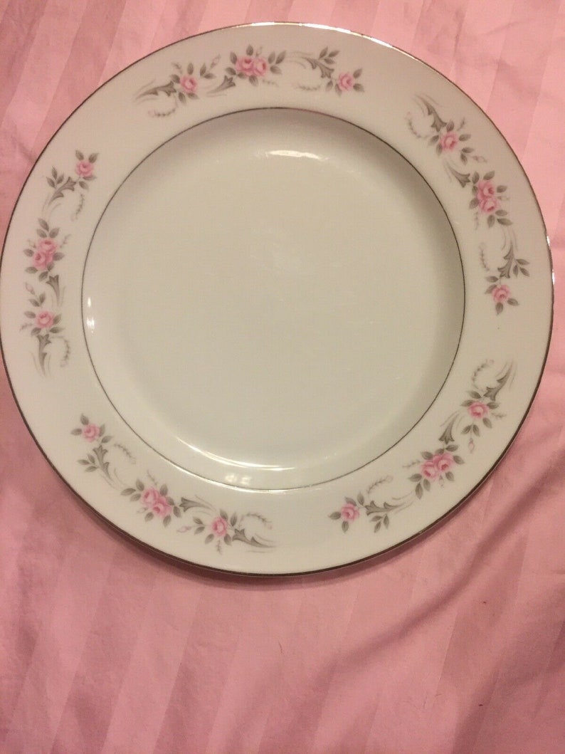 4 Mismatched China Dinner Plates Pink Roses Gray Stunning Pairing #206