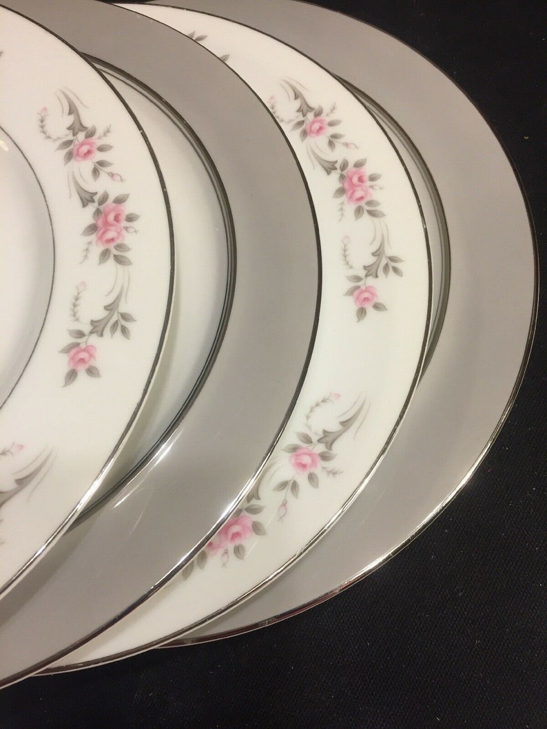 4 Mismatched China Dinner Plates Pink Roses Gray Stunning Pairing #206