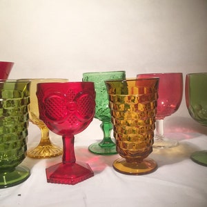 Mismatched vintage wine water glasses goblets Set of 8 Gem Tones Glass Bohemian Shabby Rustic Wedding Event Luncheon Drinkware Barware 689