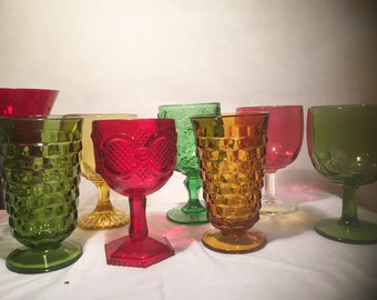 Mismatched vintage wine water glasses goblets Set of 8 Gem Tones Glass Bohemian Shabby Rustic Wedding Event Luncheon Drinkware Barware 689