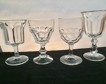 4 - Mismatched vintage wine water glasses goblets Heavy Glass  Clear Boho Shabby Chic Rustic Wedding Event Drinkware Barware 677