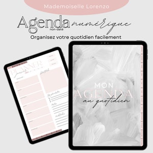 Peut inclure: Une application de planificateur numérique avec un schéma de couleurs rose et gris. L'application comprend un planificateur hebdomadaire, une liste de tâches et une section de notes. Le texte à l'écran indique "Planner Janvier" et "Mon Agenda au quotidien".
