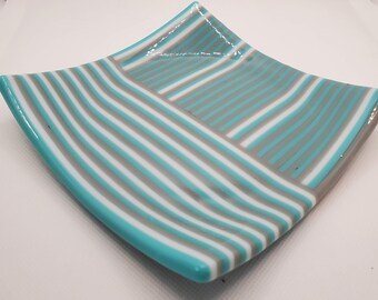 Fused Glass Striped Plate, Decorative Tray, Home Decor, Striped Dish, Glass Dish, Catch All Tray, Turquoise, Grey, and White Plate, Gift