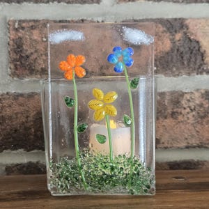 Floral Fused Glass Candle Holder | Handmade Glass Panel Votive | Decorative Glass Tealight Holder | Unique Gift for Home or Garden