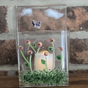 Floral Fused Glass Candle Holder | Handmade Glass Panel Votive | Decorative Glass Tealight Holder | Unique Gift for Home or Garden