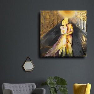 Golden Us, Acrilic Gemälde auf Leinwand, abstrakte Kunst, abstrakte Malerei, Blattgold Malerei, gelbe Malerei, Wandmalerei, Wandkunst