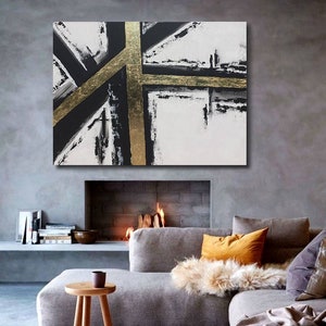 Acrilisches Gemälde auf Leinwand, abstrakte Kunst, abstrakte Malerei, Blattgoldmalerei, schwarz-weiße Malerei, Wandmalerei, Wandkunst