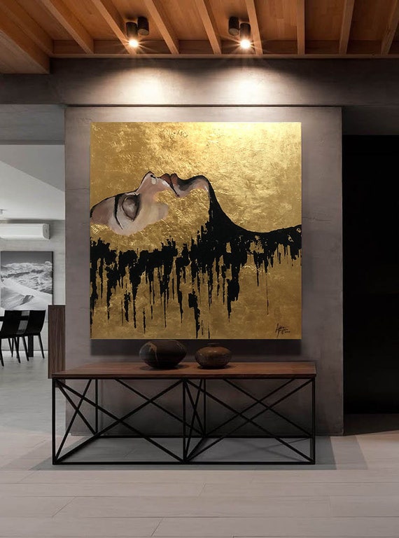 抽象アクリル画 金箔アート 大きな金箔の抽象画：キャンバスに描かれた黒いアクリル画（59x59