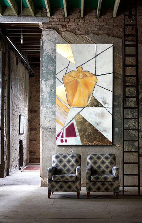 イエローゴールドリーフアクリル絵画：抽象的な壁アート（23x47