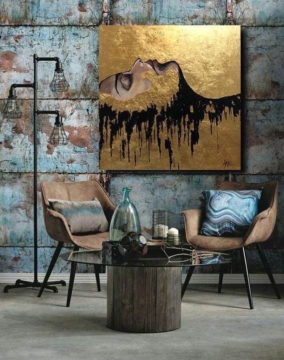 黄金の眠り 抽象画 金箔 アクリル 肖像画 59×59インチ キャンバス