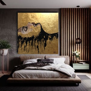 Pintura extra grande de oro y negro, pintura acrílica sobre lienzo, arte abstracto, pintura abstracta, pintura de pan de oro, pintura negra