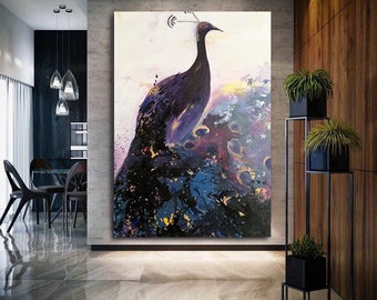 Abstract acryl bladgoud schilderij Royal Peacock 39 x 59 inch